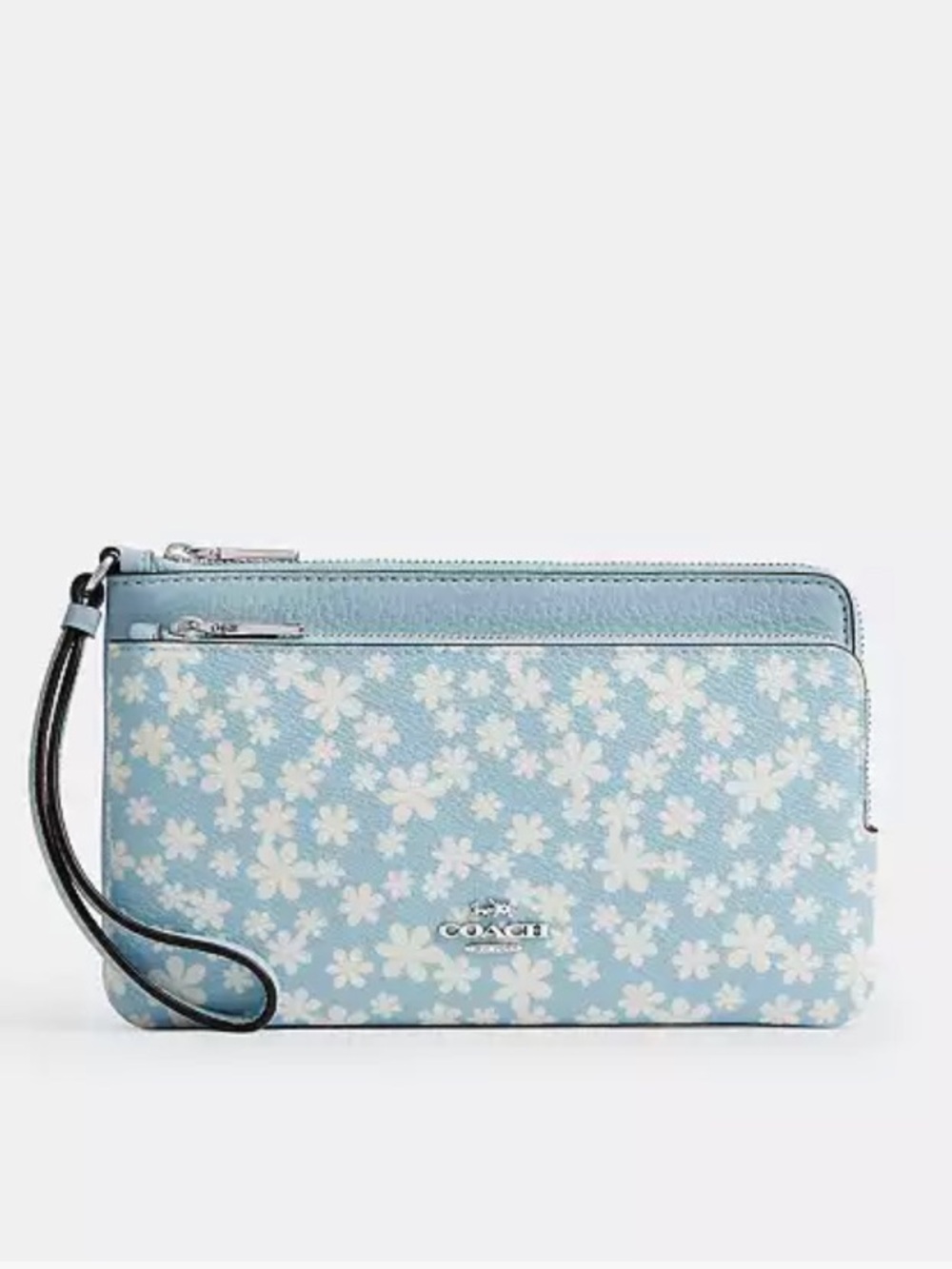 Coach Blue Double Zip Wristlet With Floral Print NWT